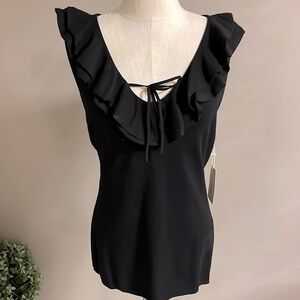 FRAME women’s ruffled deep V neck sleeveless sweater knit top black NEW! Size L